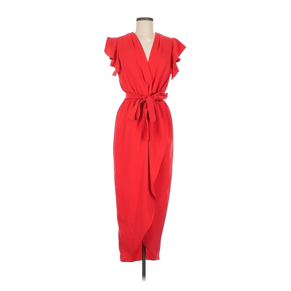 Amanda Uprichard Red Midi Dress with Ruffle Sleeves